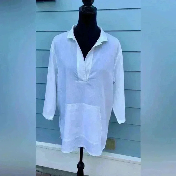 Elaine Fisher Tops - Eileen Fisher white pull over top with front pockets, size large organic linen